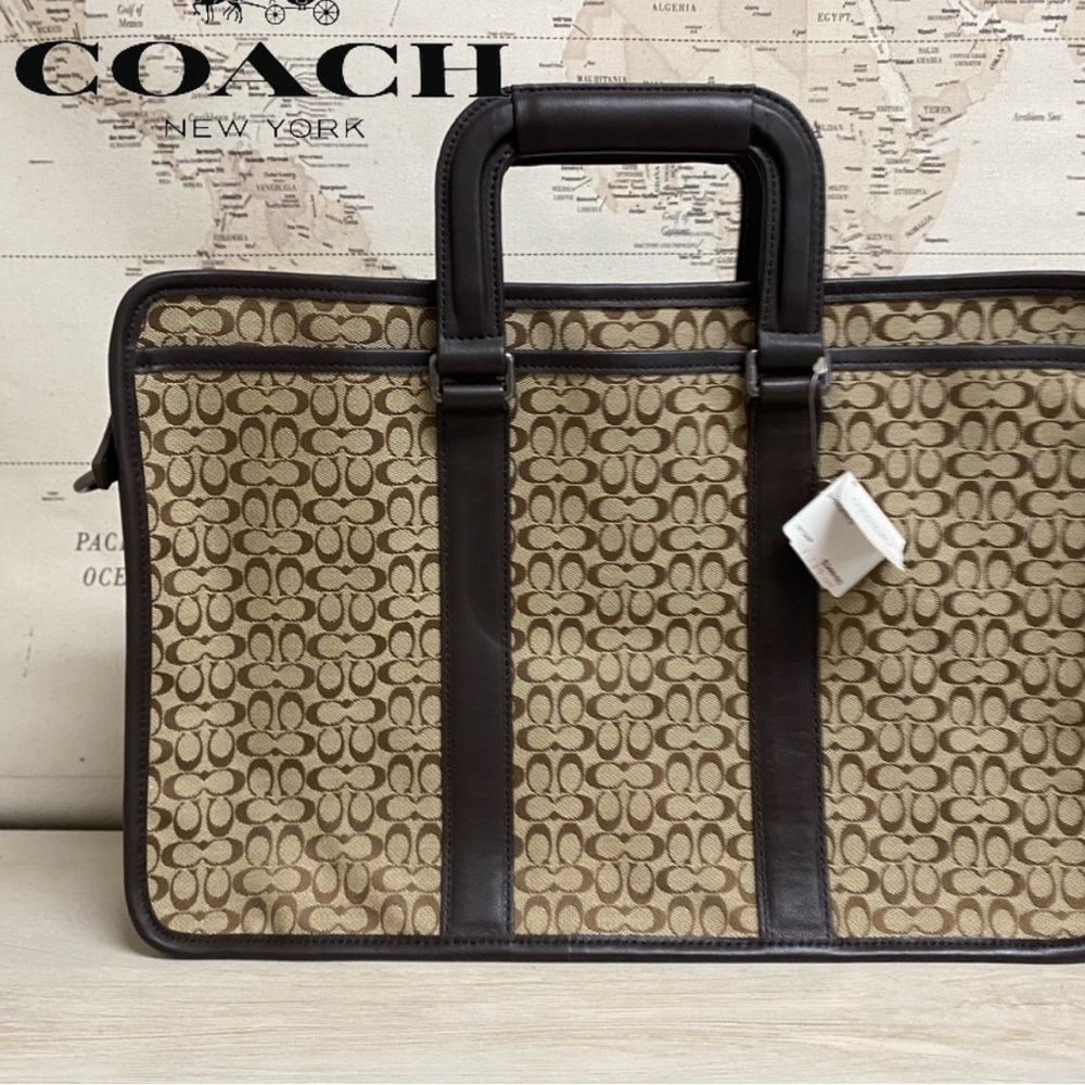 Coach Brown Briefcase with Signature Monogram and Leather Trim
